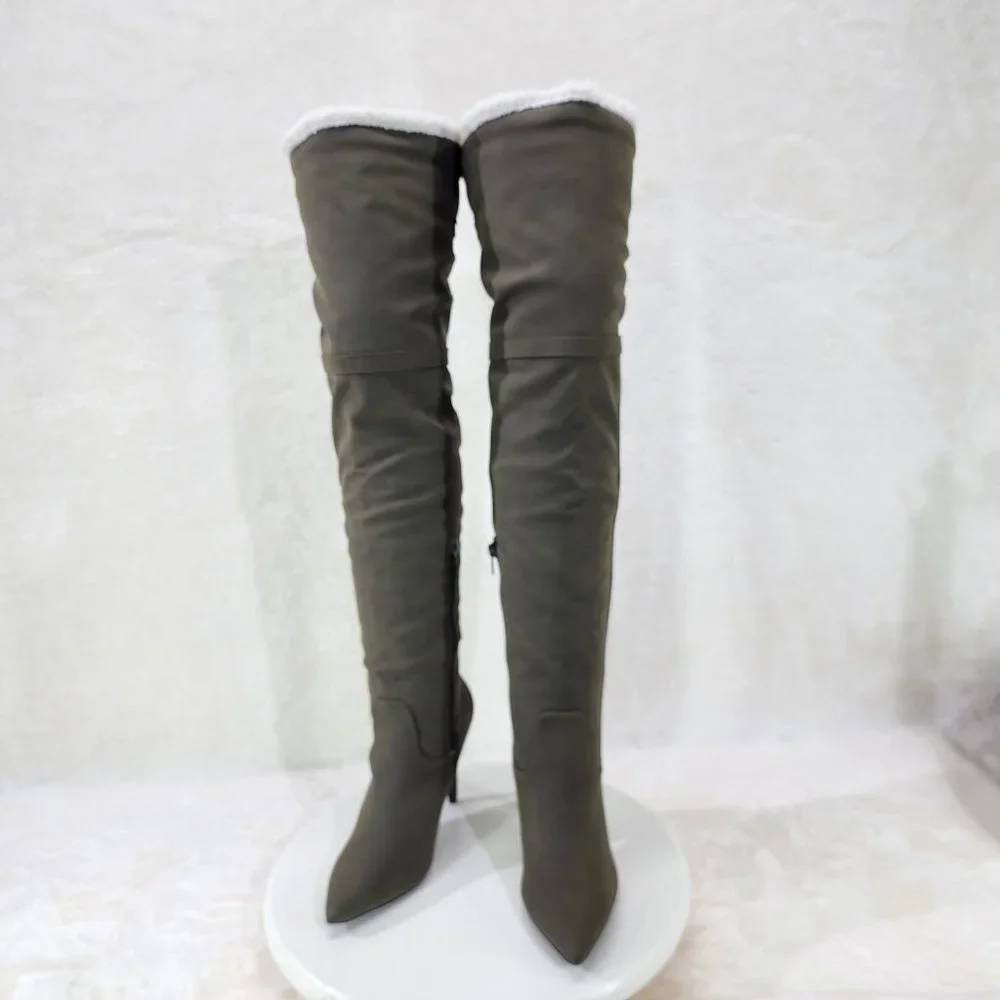 Olive Green Fluffy Fleece Lined  Fold Under / Over the Knee Pointy Toe Boots - Picture 6 of 13